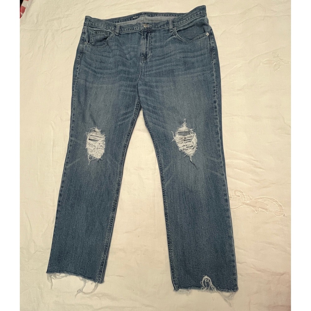 Old Navy Boyfriend Straight Jeans Womens 16 Blue Solid Relaxed Distressed Denim